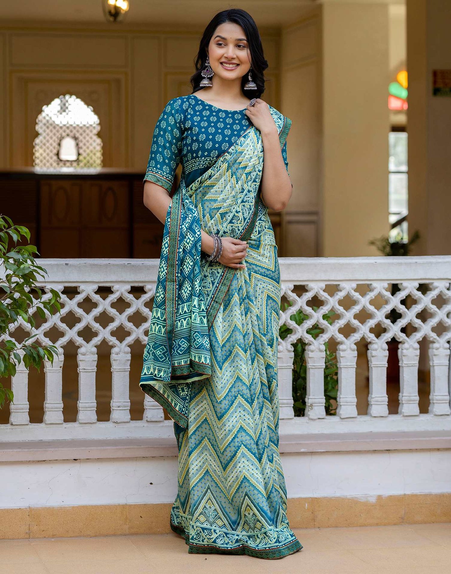 Grey Georgette Ikkat Printed Lace Saree