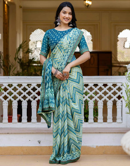 Grey Georgette Ikkat Printed Lace Saree