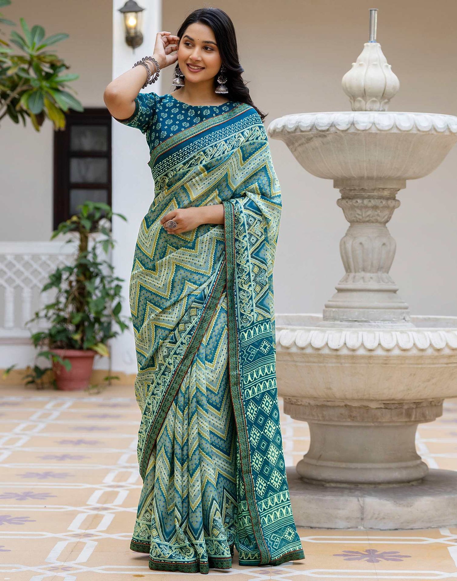 Grey Georgette Ikkat Printed Lace Saree