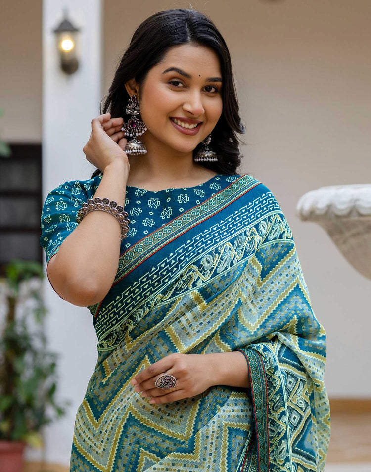 Grey Georgette Ikkat Printed Lace Saree