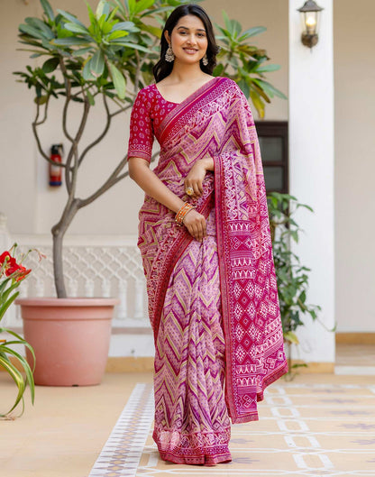 Rani Pink Georgette Ikkat Printed Lace Saree