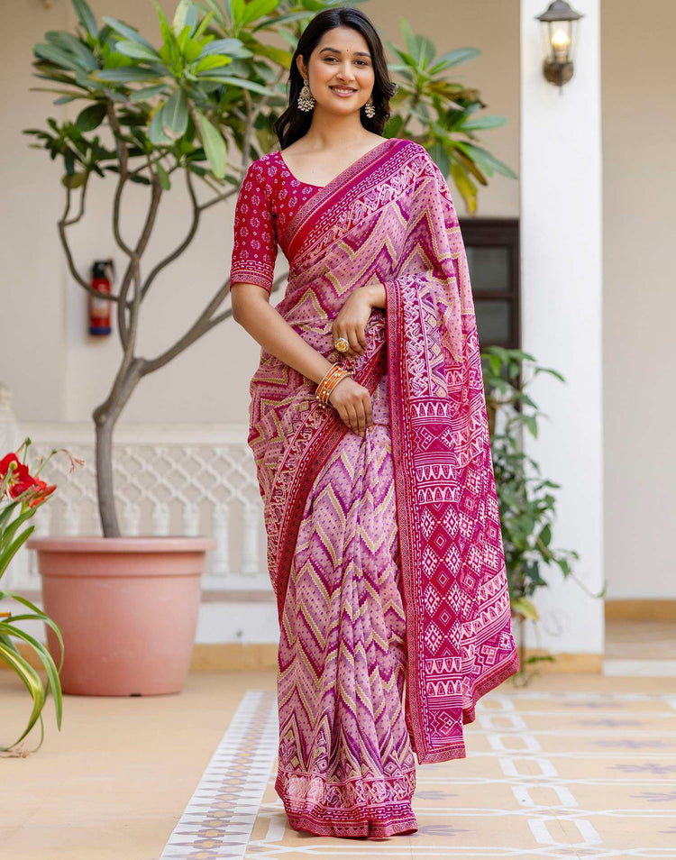 Rani Pink Georgette Ikkat Printed Lace Saree