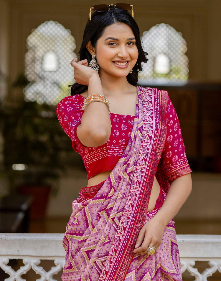 Rani Pink Georgette Ikkat Printed Lace Saree