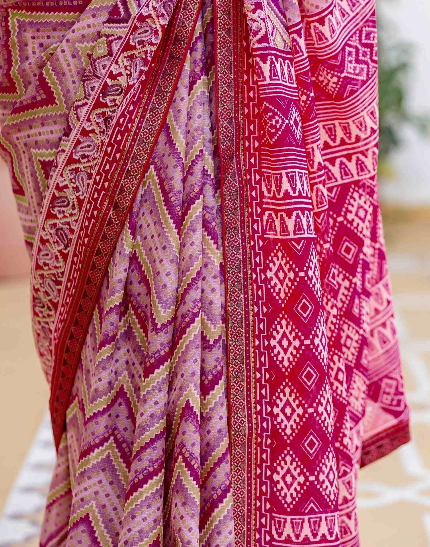 Rani Pink Georgette Ikkat Printed Lace Saree