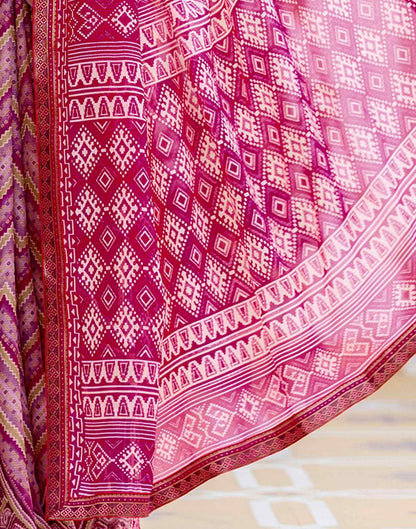 Rani Pink Georgette Ikkat Printed Lace Saree