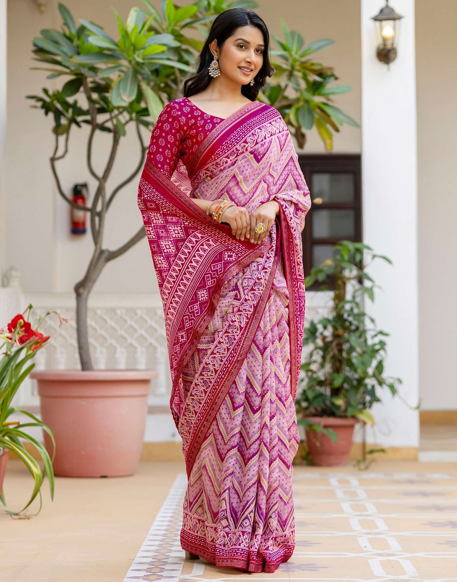 Rani Pink Georgette Ikkat Printed Lace Saree