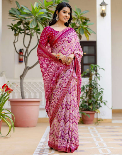 Rani Pink Georgette Ikkat Printed Lace Saree