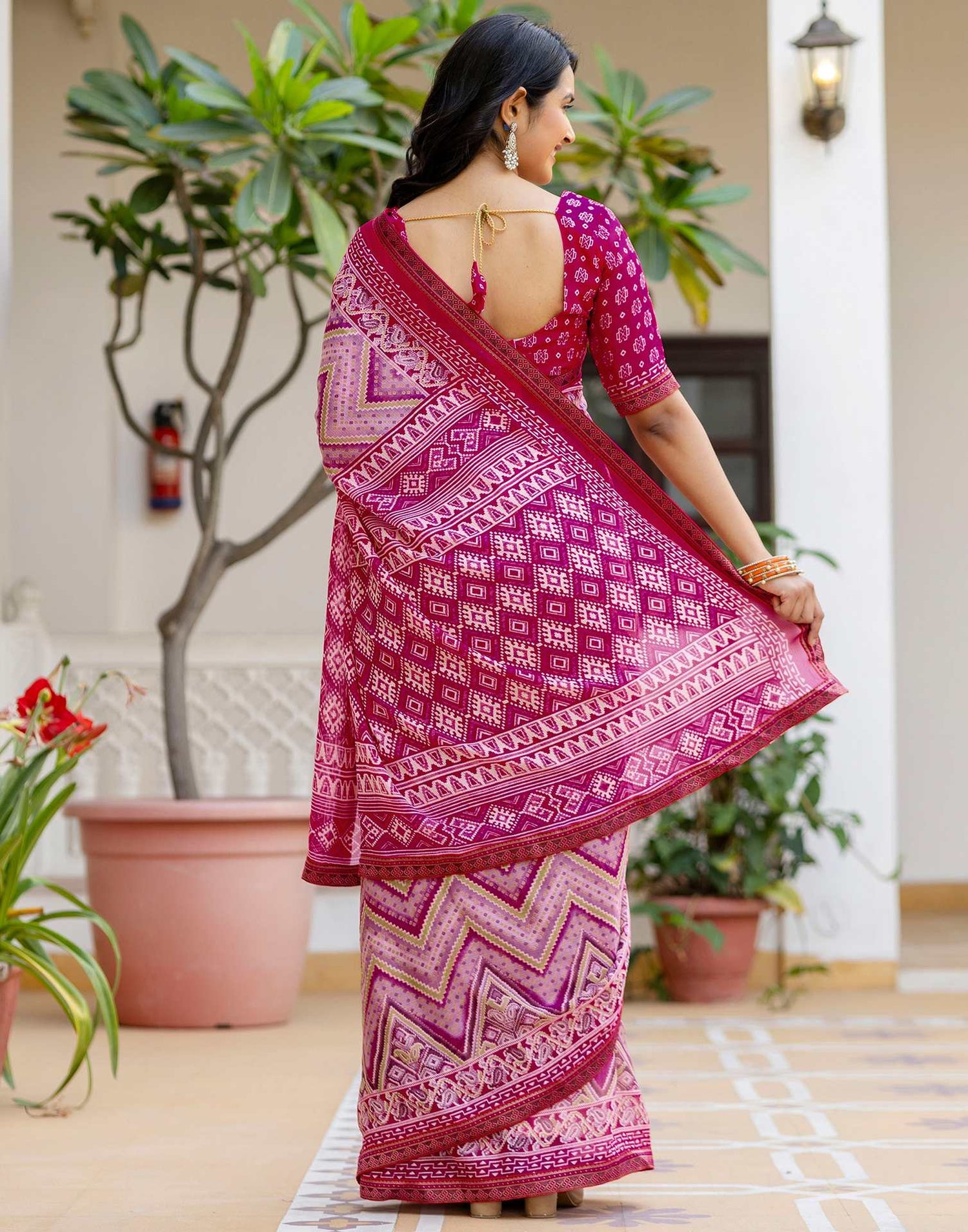 Rani Pink Georgette Ikkat Printed Lace Saree