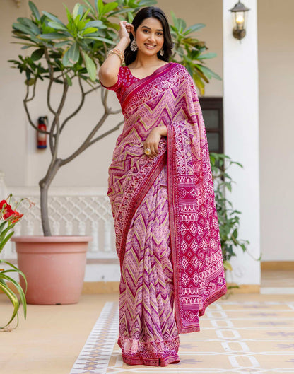 Rani Pink Georgette Ikkat Printed Lace Saree