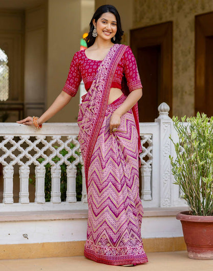 Rani Pink Georgette Ikkat Printed Lace Saree