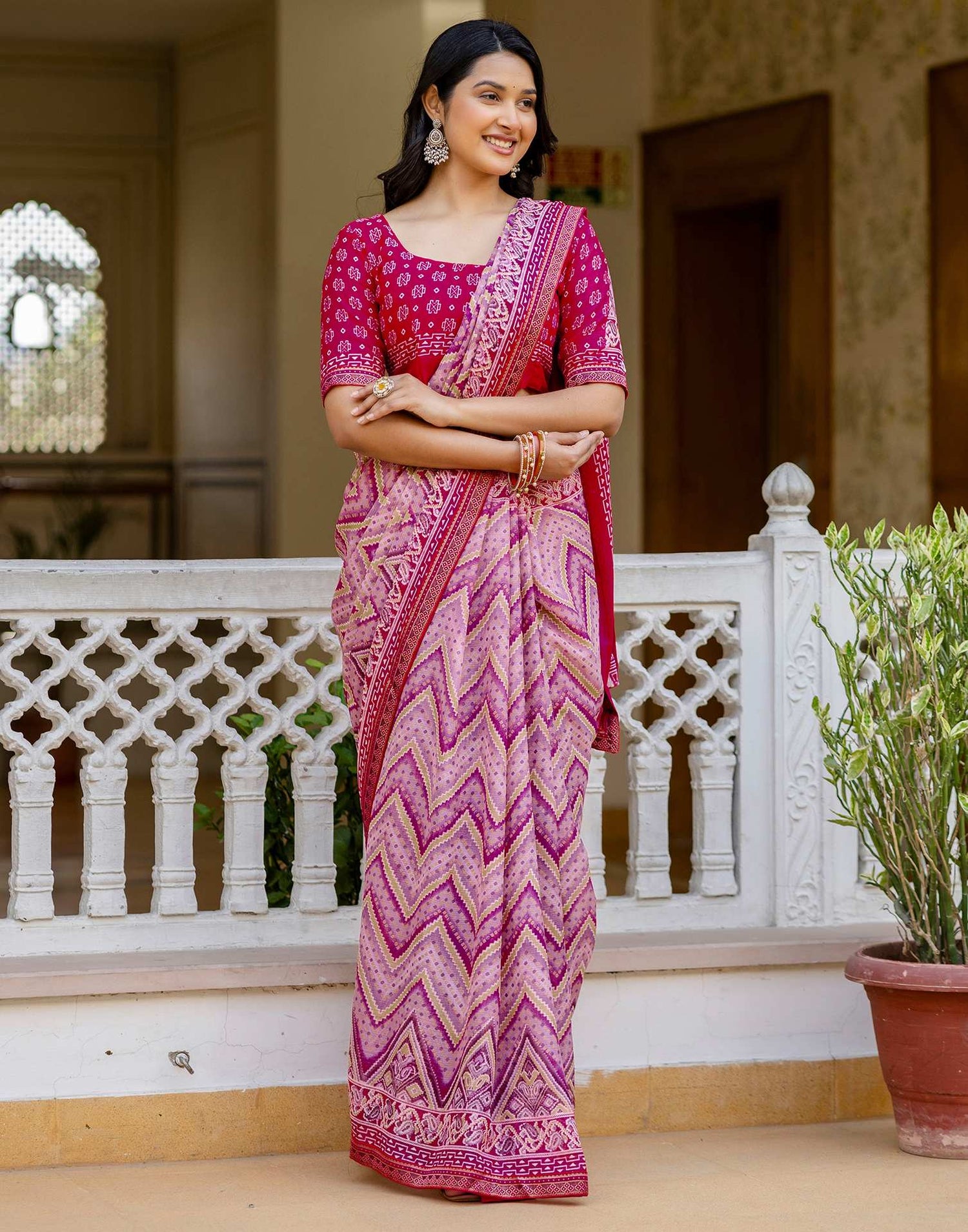 Rani Pink Georgette Ikkat Printed Lace Saree