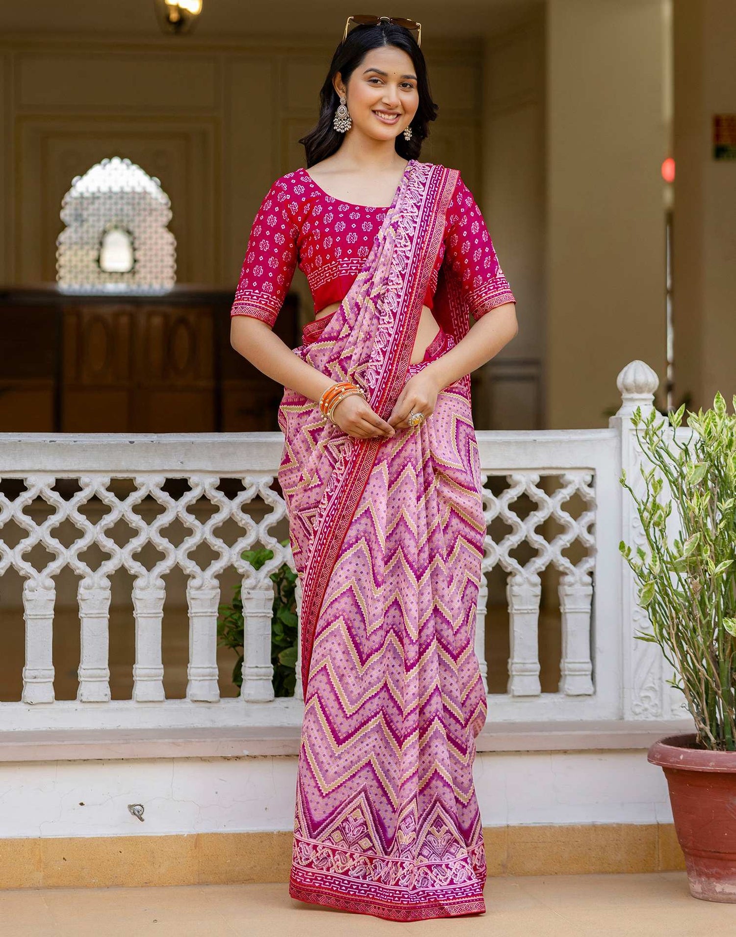 Rani Pink Georgette Ikkat Printed Lace Saree