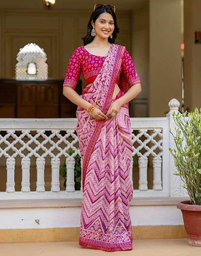 Rani Pink Georgette Ikkat Printed Lace Saree
