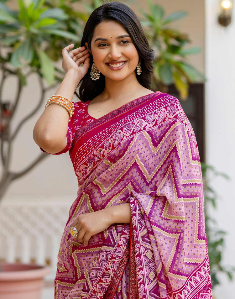 Rani Pink Georgette Ikkat Printed Lace Saree