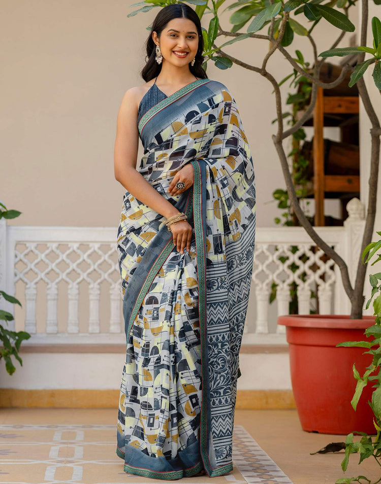 Grey Georgette Printed Lace Saree