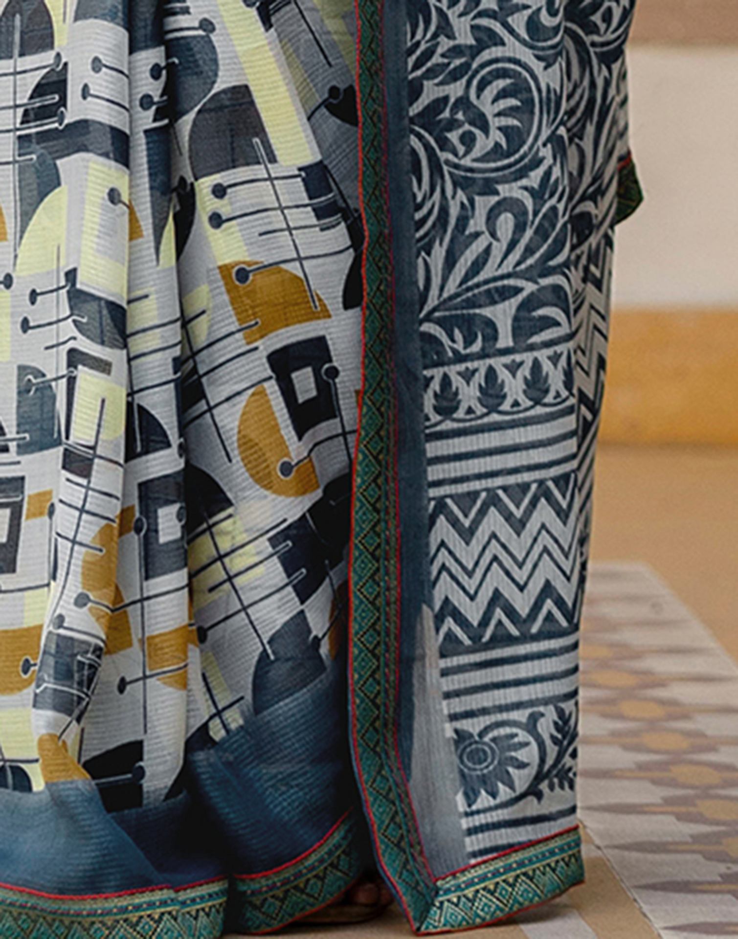 Grey Georgette Printed Lace Saree