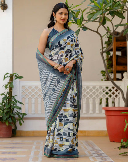 Grey Georgette Printed Lace Saree