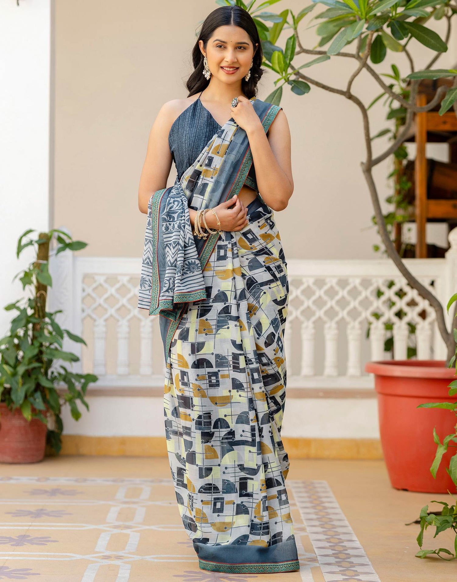 Grey Georgette Printed Lace Saree