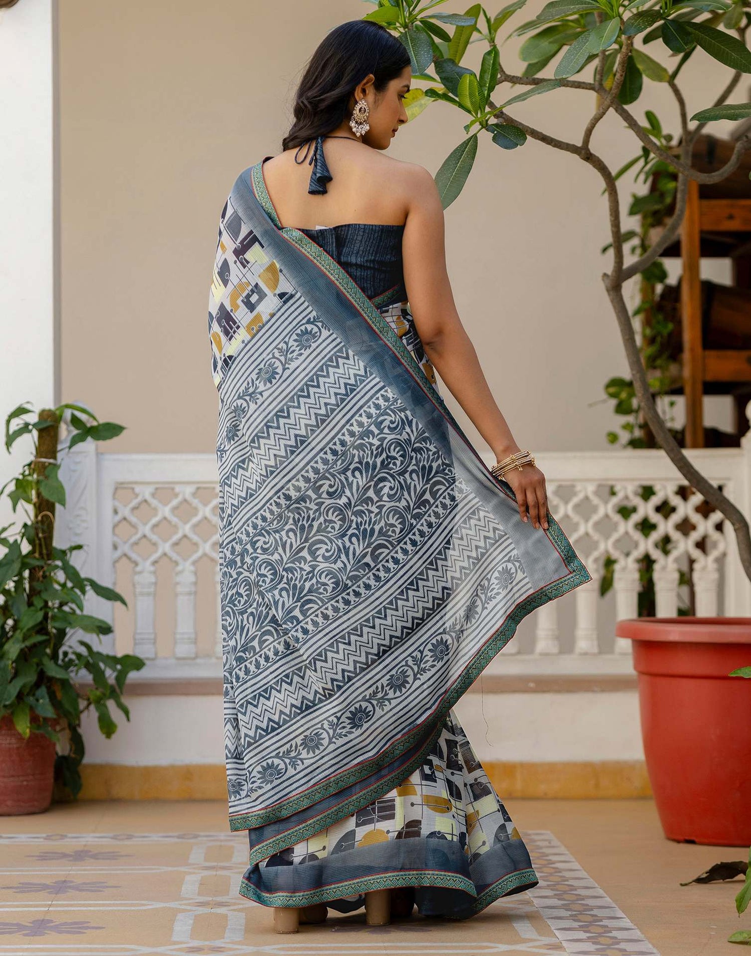 Grey Georgette Printed Lace Saree