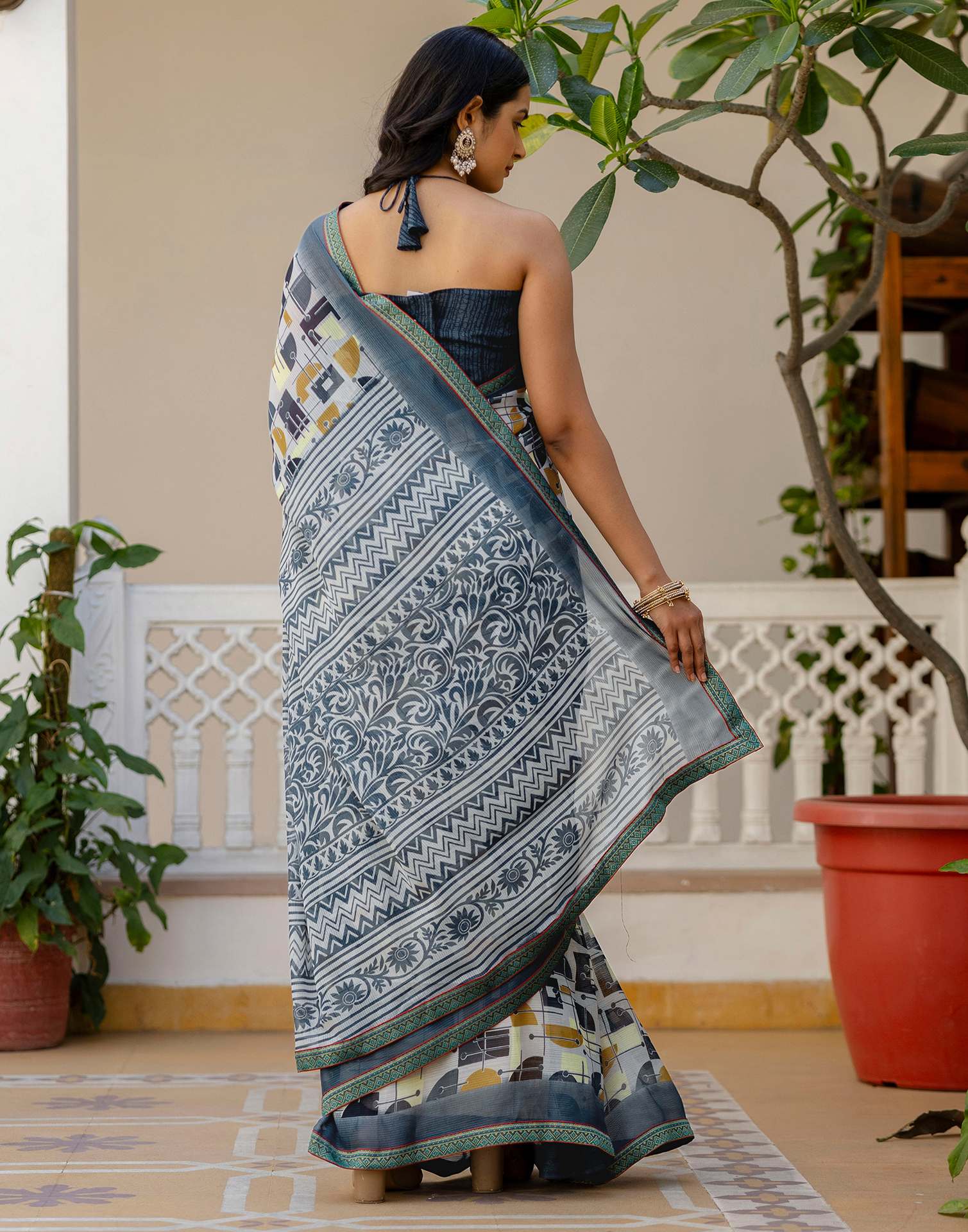 Grey Georgette Printed Lace Saree