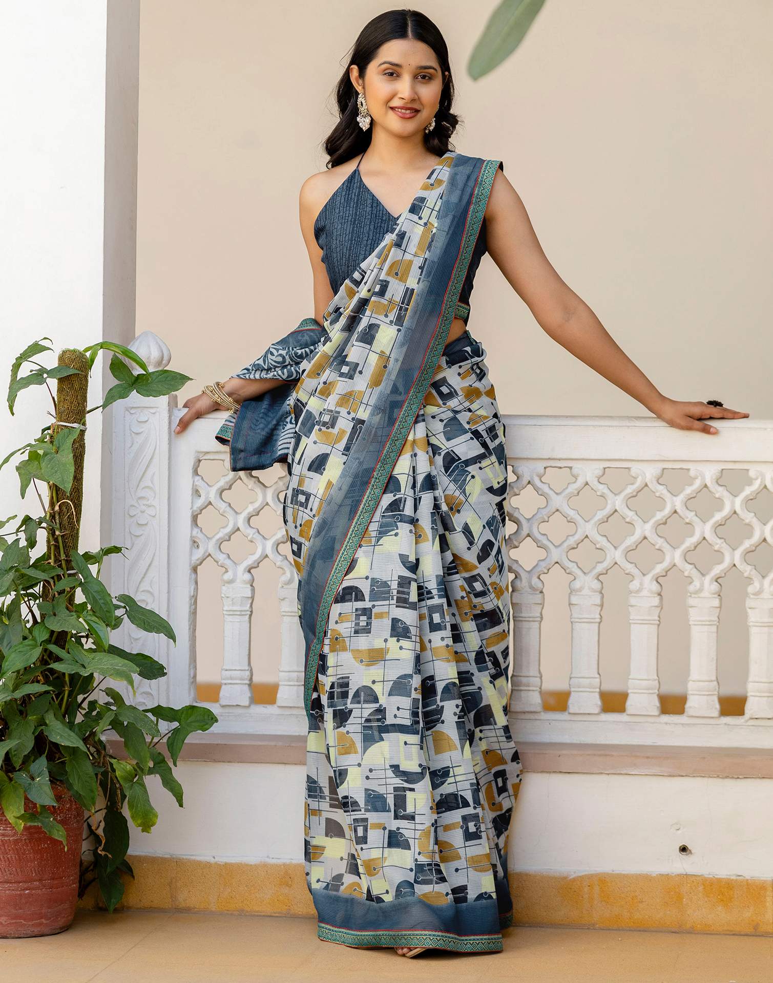 Grey Georgette Printed Lace Saree
