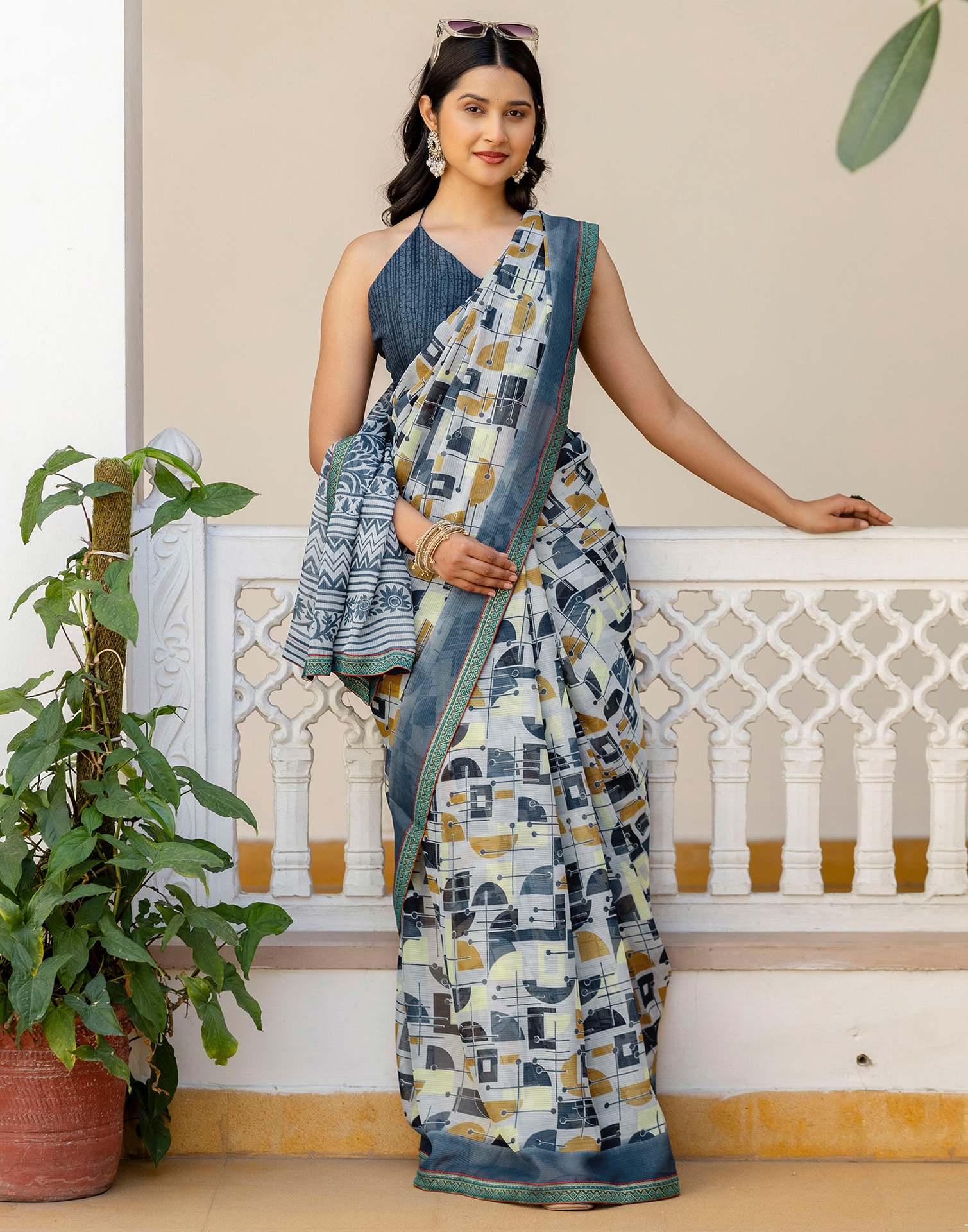 Grey Georgette Printed Lace Saree
