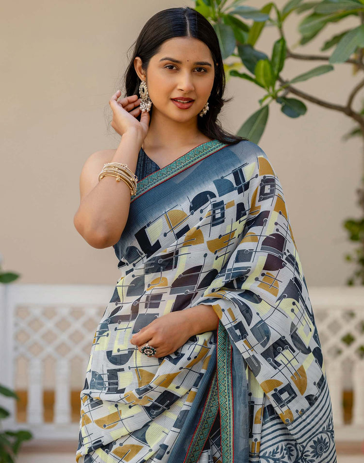 Grey Georgette Printed Lace Saree
