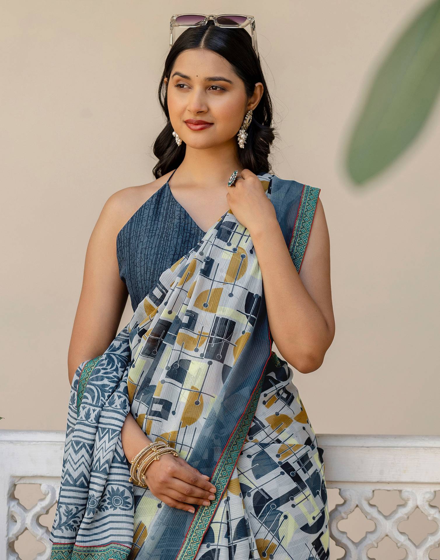 Grey Georgette Printed Lace Saree