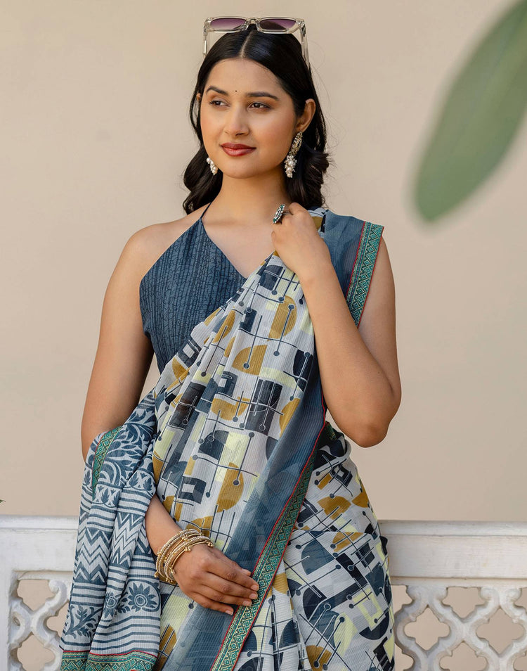 Grey Georgette Printed Lace Saree