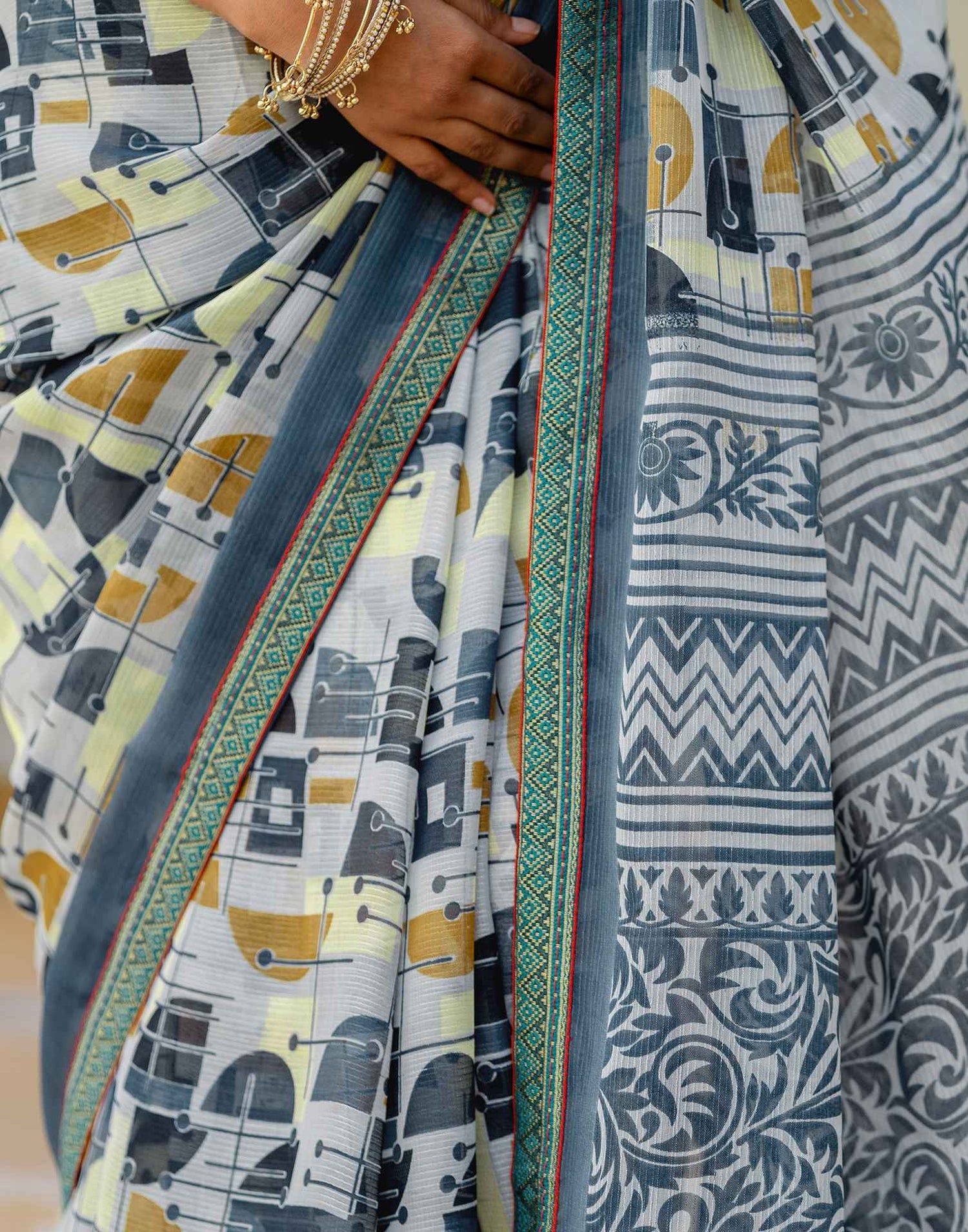Grey Georgette Printed Lace Saree