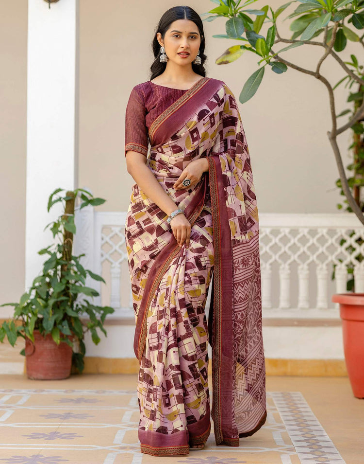 Dusty Rose Pink Georgette Printed Lace Saree