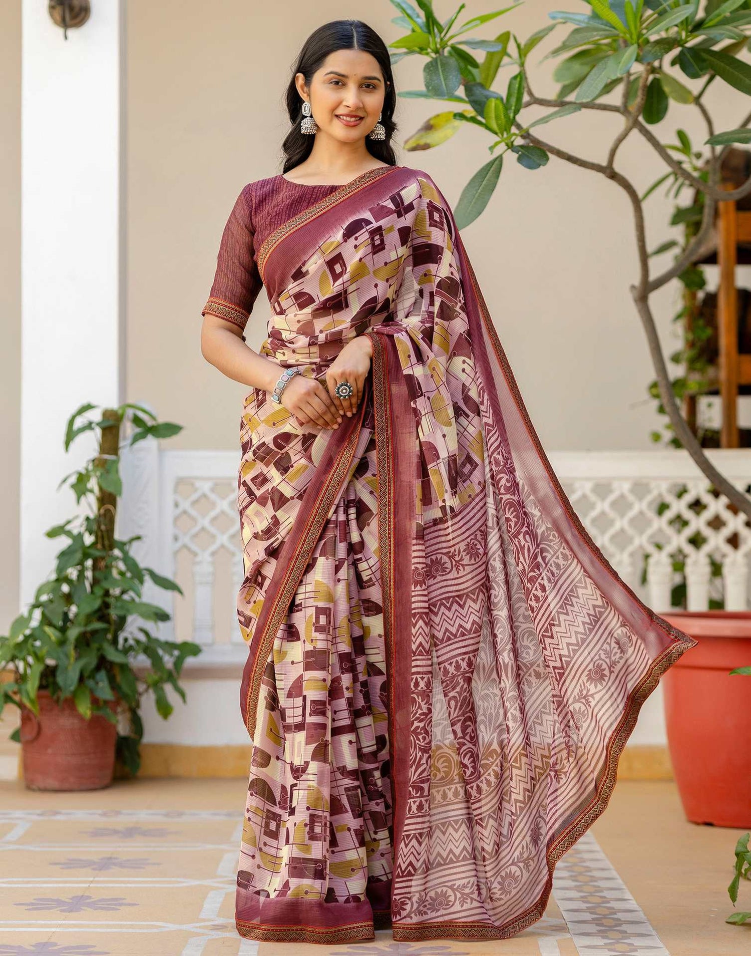 Dusty Rose Pink Georgette Printed Lace Saree
