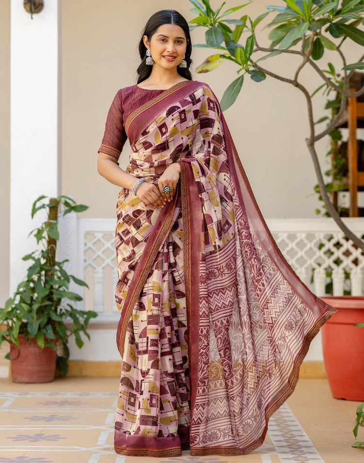 Dusty Rose Pink Georgette Printed Lace Saree