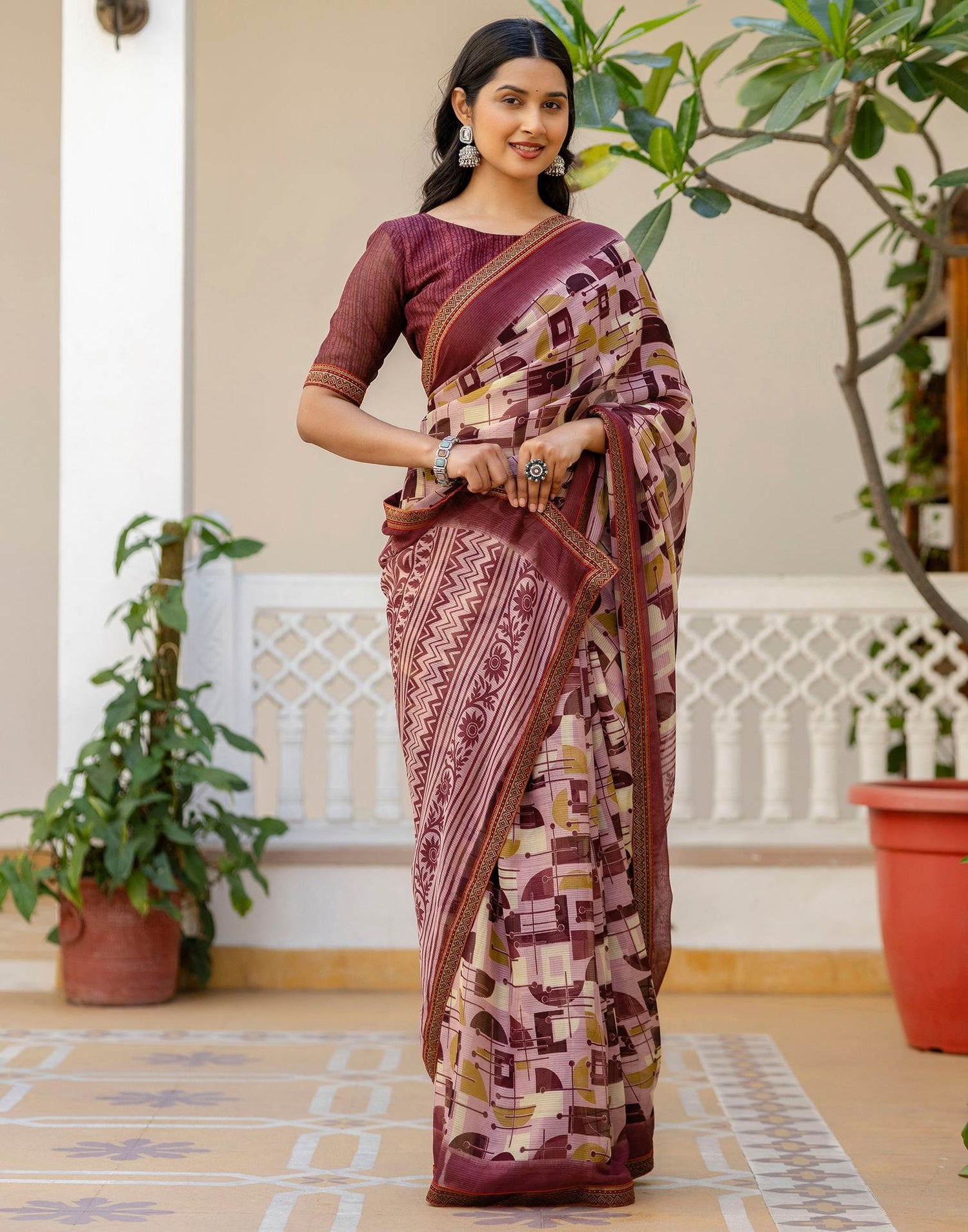 Dusty Rose Pink Georgette Printed Lace Saree