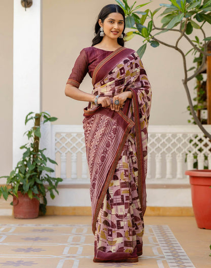 Dusty Rose Pink Georgette Printed Lace Saree