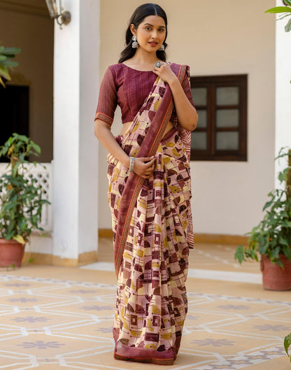Dusty Rose Pink Georgette Printed Lace Saree