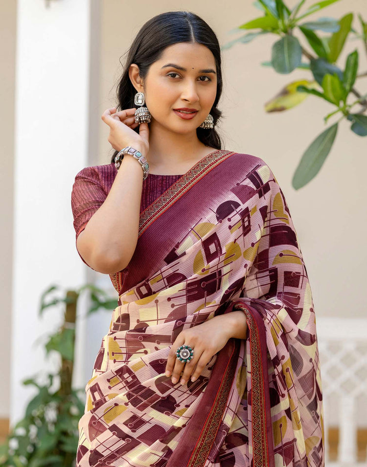 Dusty Rose Pink Georgette Printed Lace Saree