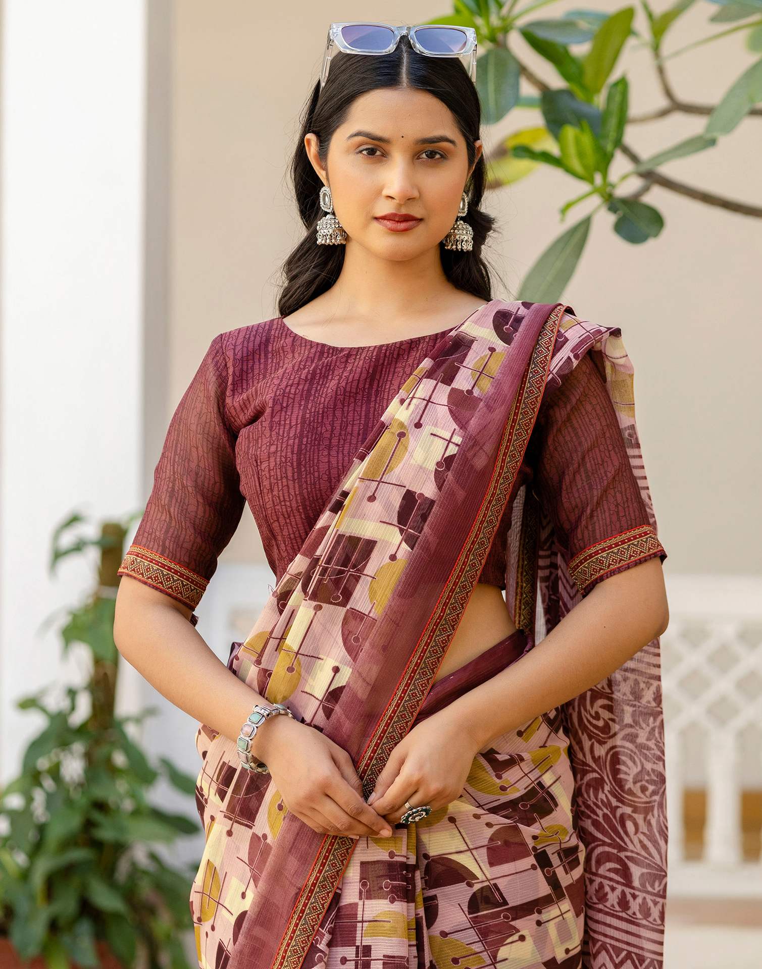 Dusty Rose Pink Georgette Printed Lace Saree