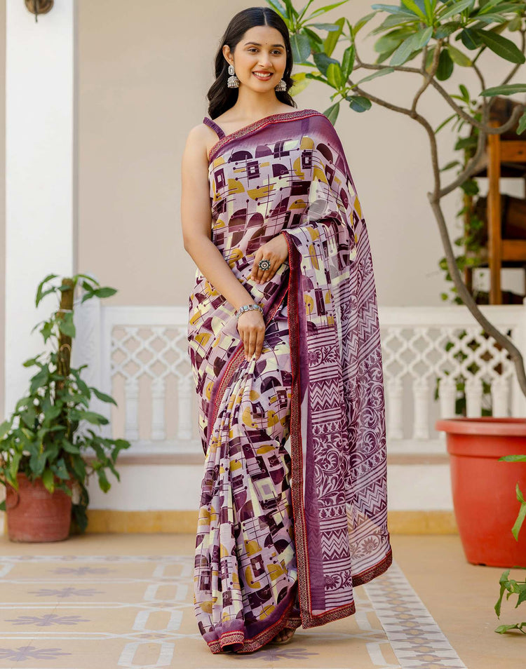 Mauve Georgette Printed Lace Saree