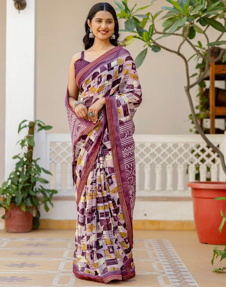 Mauve Georgette Printed Lace Saree