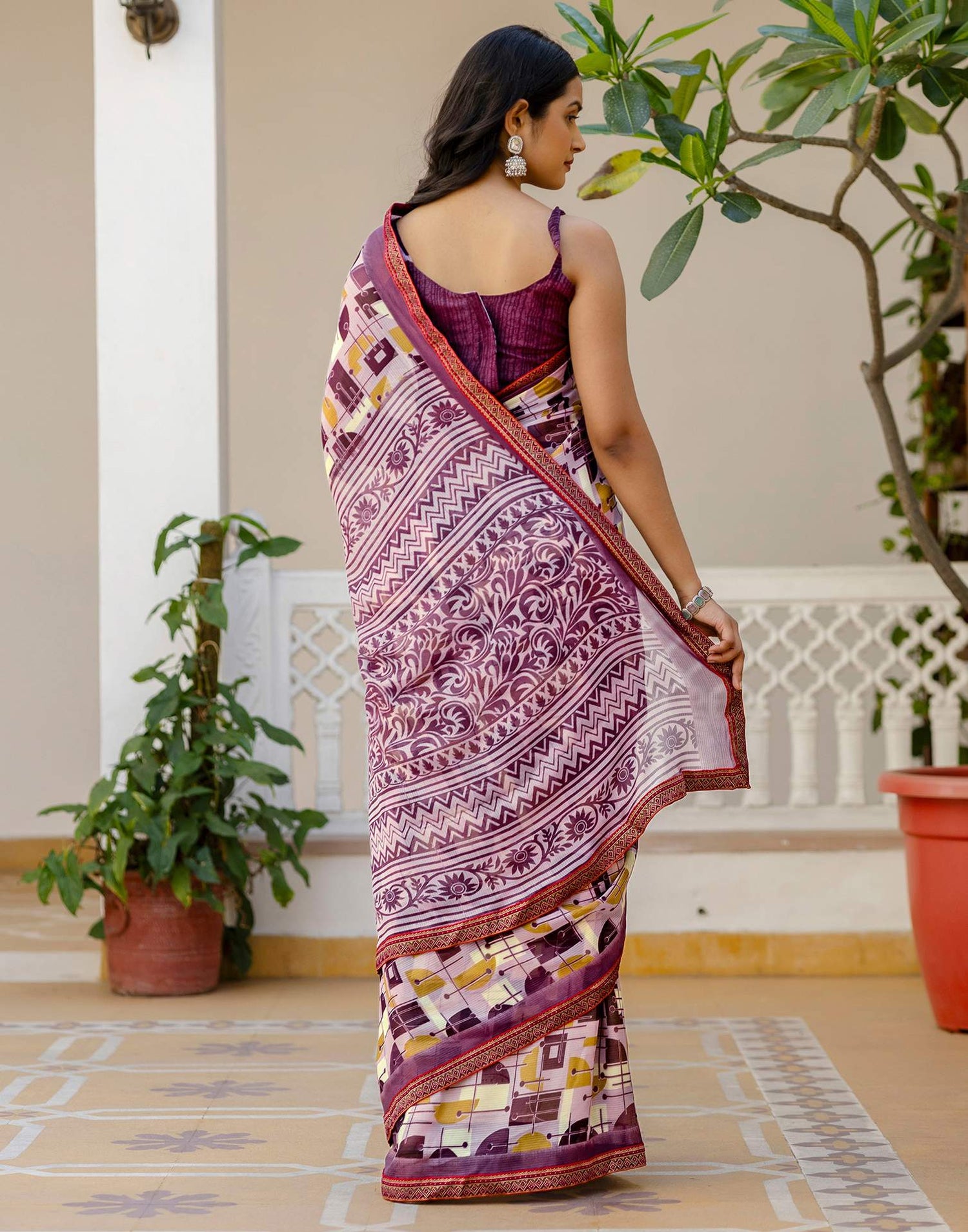 Mauve Georgette Printed Lace Saree