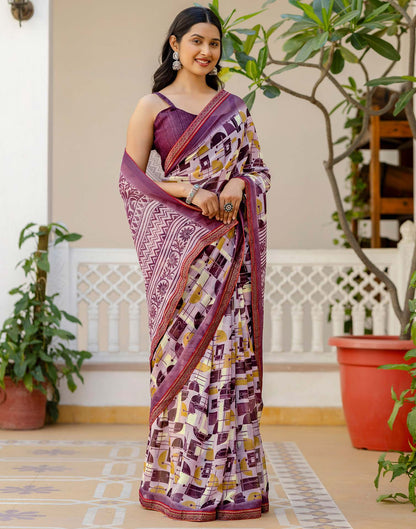 Mauve Georgette Printed Lace Saree