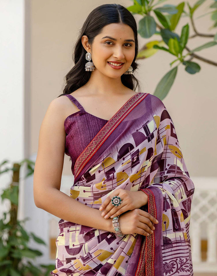 Mauve Georgette Printed Lace Saree