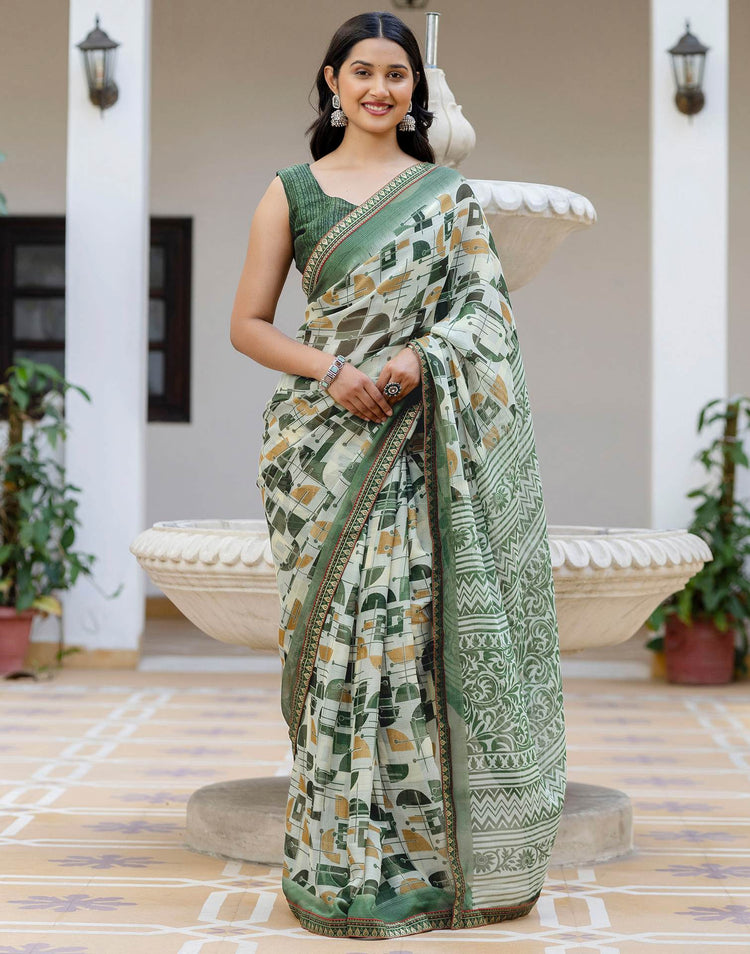 Dusty Pista Green Georgette Printed Lace Saree