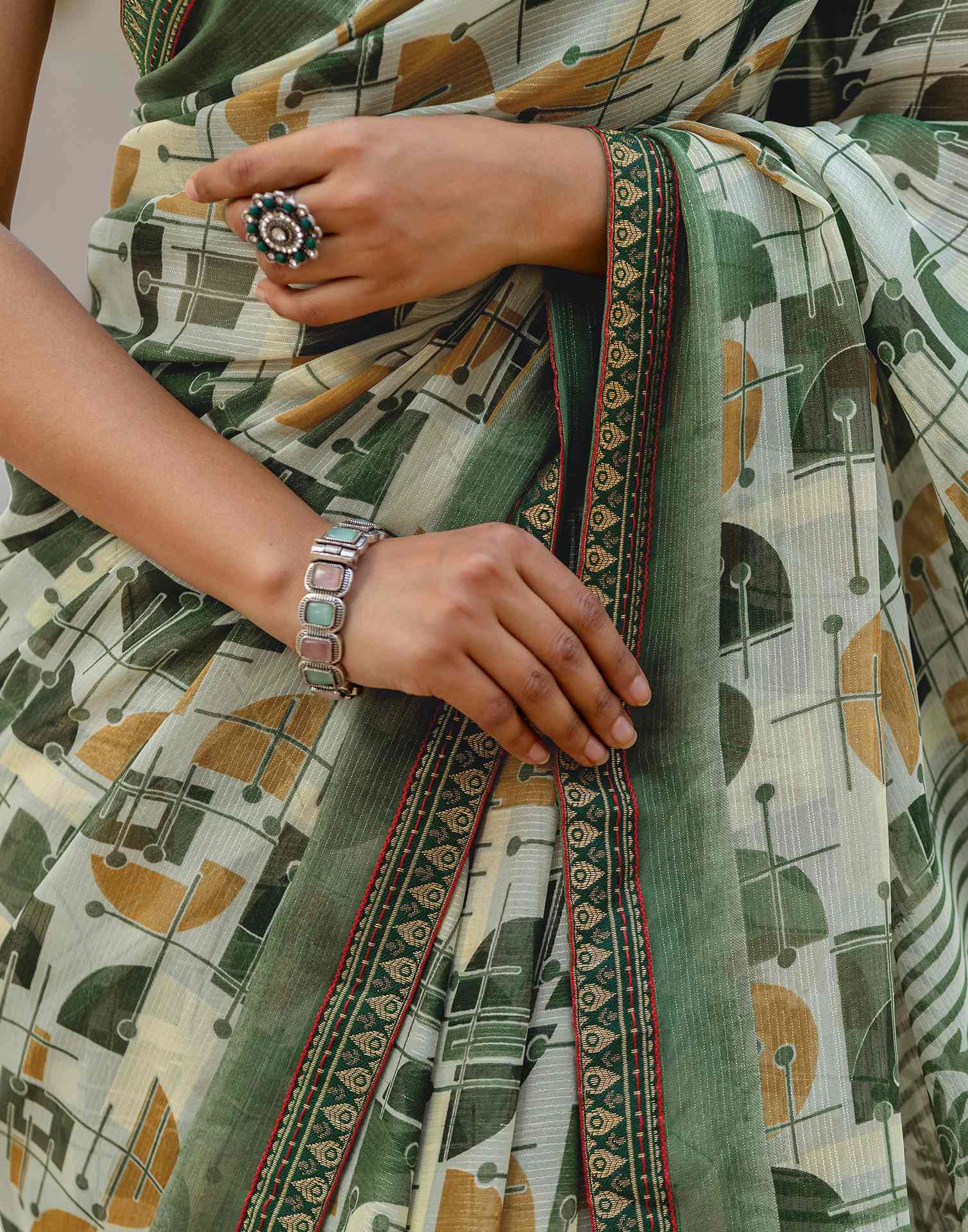 Dusty Pista Green Georgette Printed Lace Saree