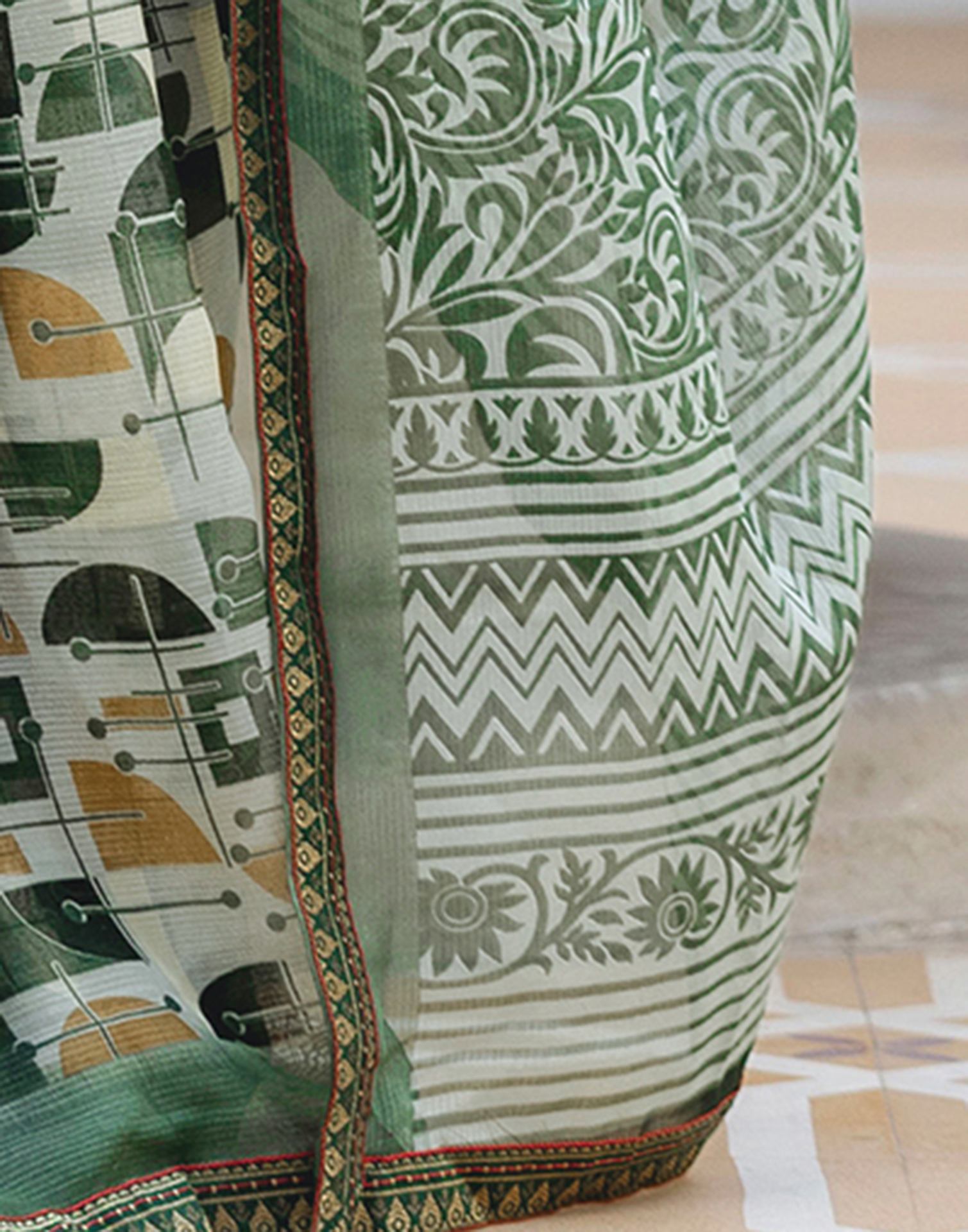 Dusty Pista Green Georgette Printed Lace Saree