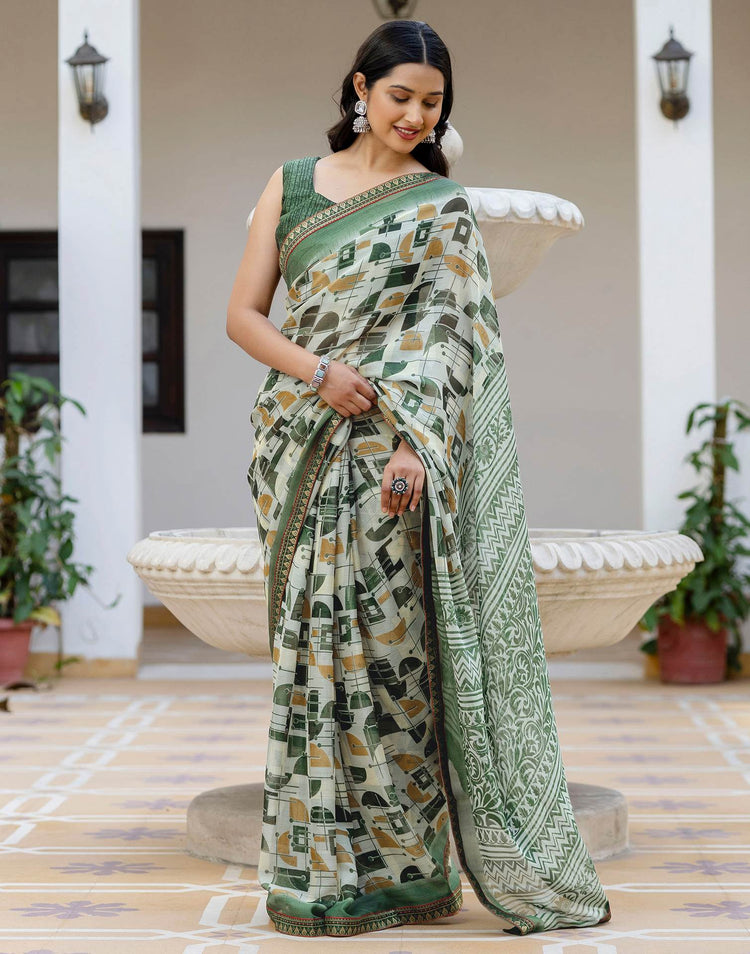 Dusty Pista Green Georgette Printed Lace Saree