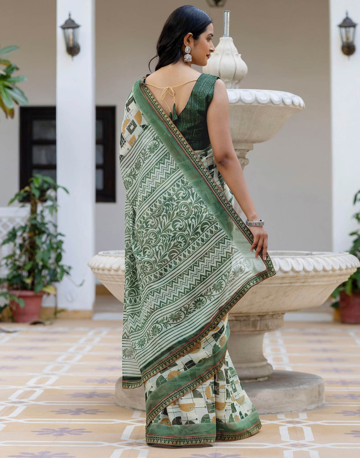 Dusty Pista Green Georgette Printed Lace Saree