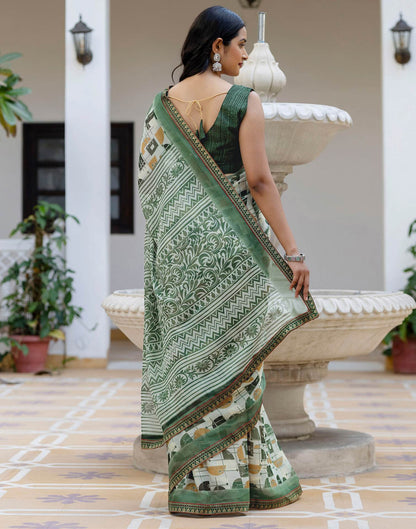 Dusty Pista Green Georgette Printed Lace Saree