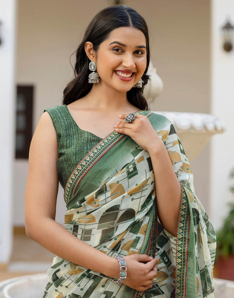 Dusty Pista Green Georgette Printed Lace Saree